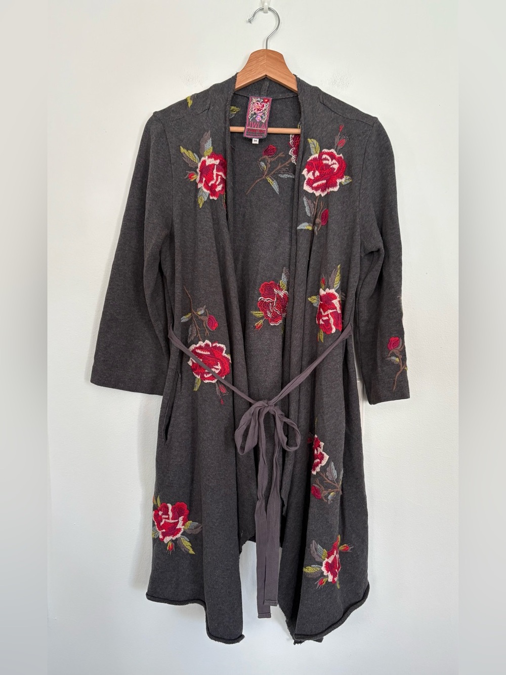 Johnny Was || Auri Draped Cardigan Coat Embroidered Floral Belted Gray Pink M View 2
